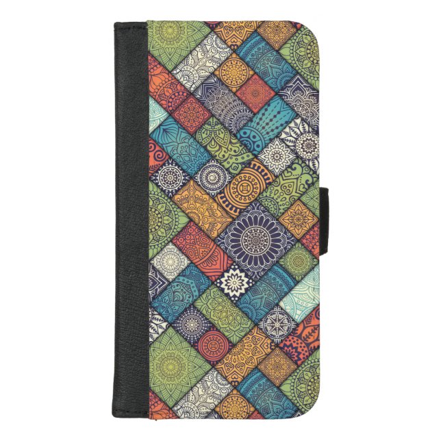 Mandalas squares rectangles muted colors pattern iPhone wallet case (Front)