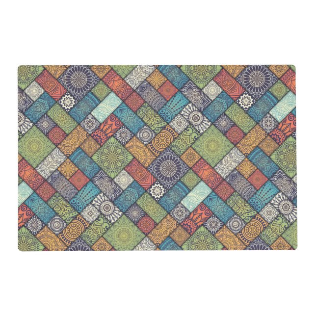 Mandalas squares rectangles muted colors pattern placemat (Front)