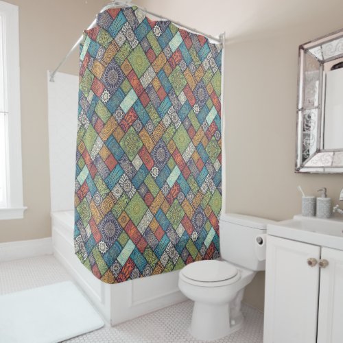 Mandalas squares rectangles muted colors pattern shower curtain