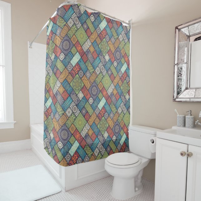 Mandalas squares rectangles muted colors pattern shower curtain (In Situ)