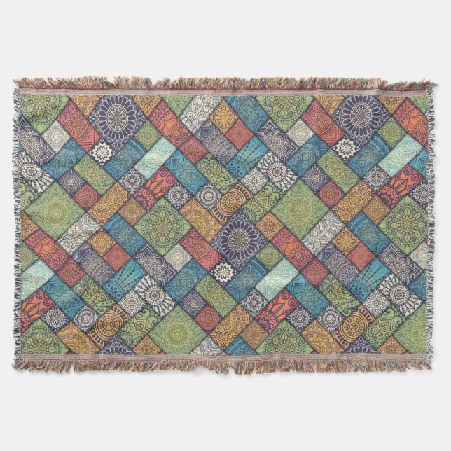 Mandalas squares rectangles muted colors pattern throw blanket (Front)