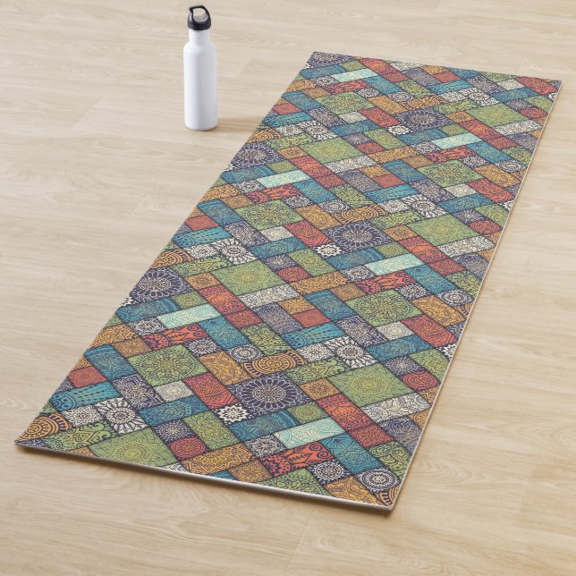 Mandalas squares rectangles muted colors pattern yoga mat (In Situ)