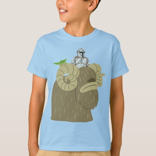 Mandalorian and Child Riding Bantha Illustration T_Shirt