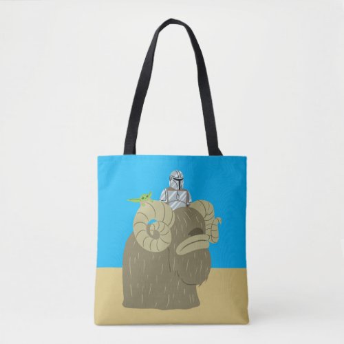 Mandalorian and Child Riding Bantha Illustration Tote Bag