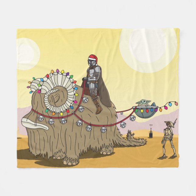 Mandalorian and Grogu Riding Festive Bantha Fleece Blanket (Front (Horizontal))