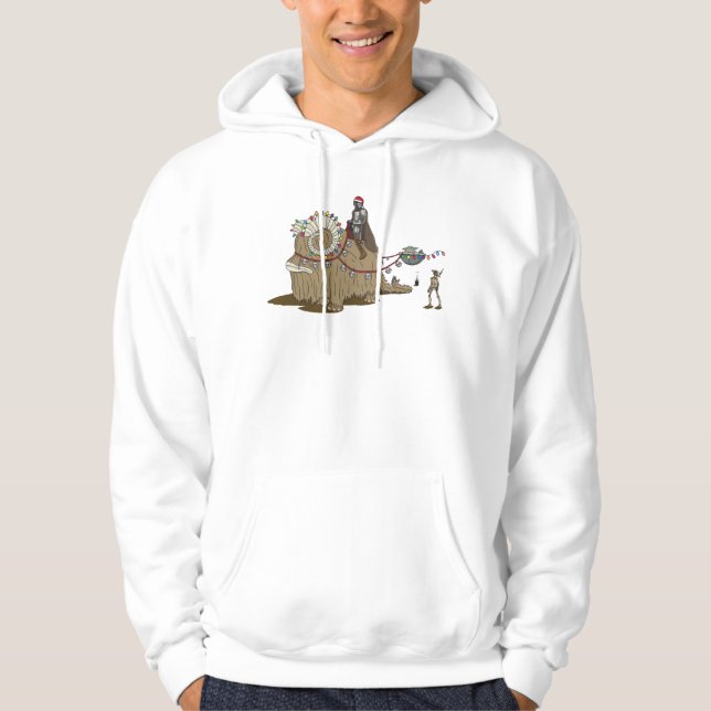 Mandalorian and Grogu Riding Festive Bantha Hoodie (Front)