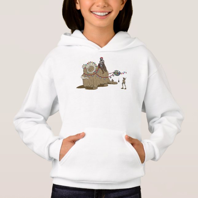 Mandalorian and Grogu Riding Festive Bantha Hoodie (Front)