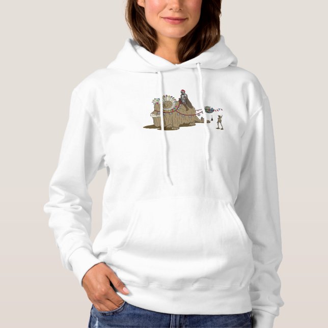 Mandalorian and Grogu Riding Festive Bantha Hoodie (Front)