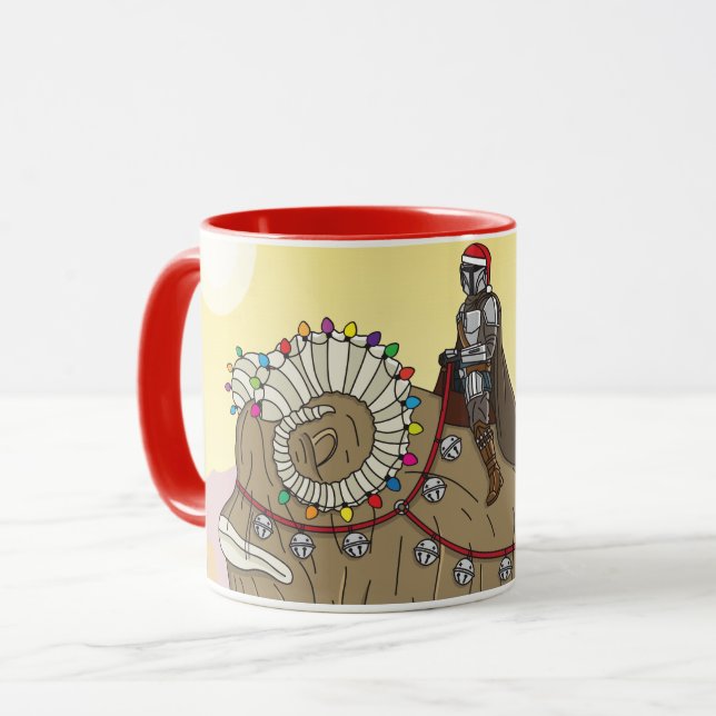 Mandalorian and Grogu Riding Festive Bantha Mug (Front Left)