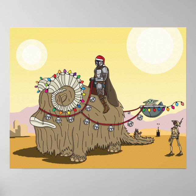 Mandalorian and Grogu Riding Festive Bantha Poster (Front)