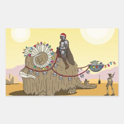 Mandalorian and Grogu Riding Festive Bantha Rectangular Sticker