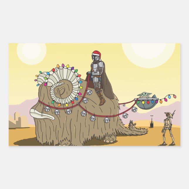 Mandalorian and Grogu Riding Festive Bantha Rectangular Sticker (Front)