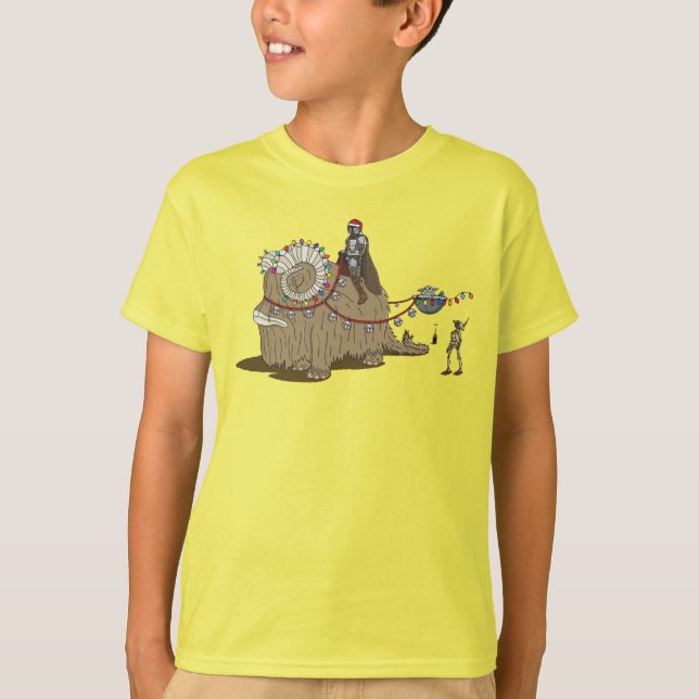 Mandalorian and Grogu Riding Festive Bantha T-Shirt (Front)