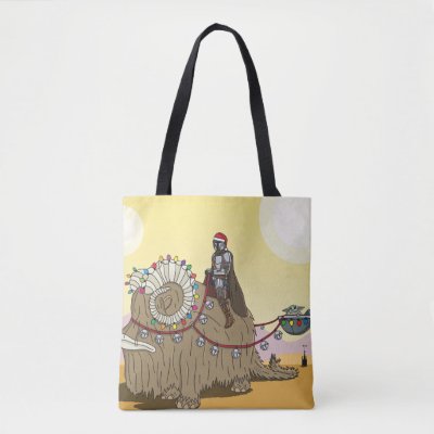 Mandalorian and Grogu Riding Festive Bantha Tote Bag