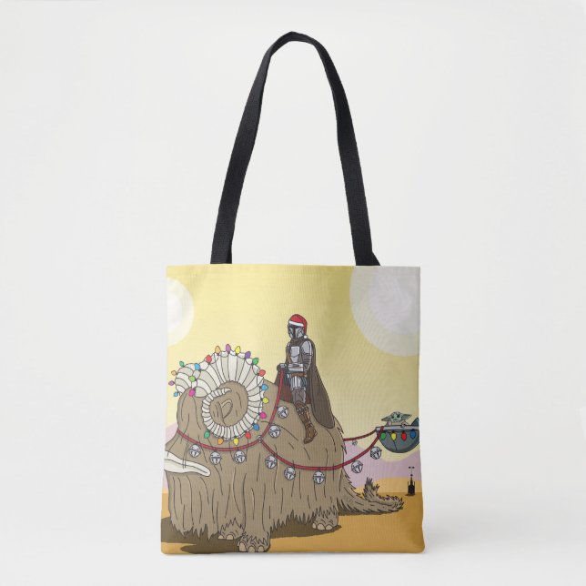 Mandalorian and Grogu Riding Festive Bantha Tote Bag (Front)