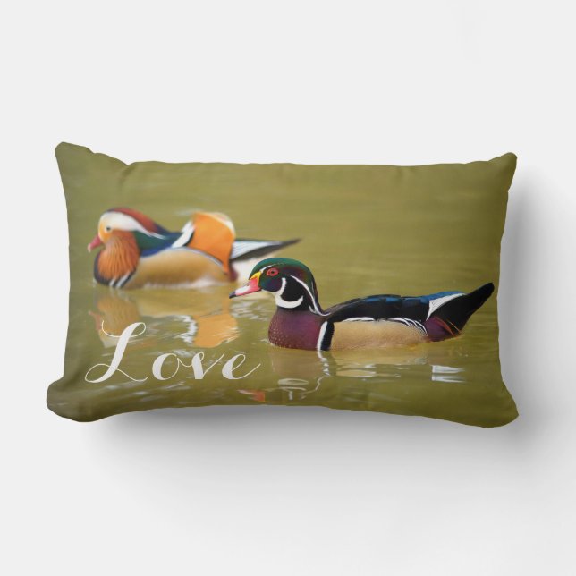 Mandarin Duck Couple / Love Birds Custom Wedding Lumbar Pillow (Front)