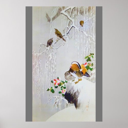 Mandarin Duck in Snow Scene Watanabe Seitei Poster