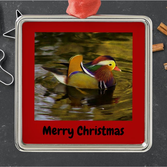 Mandarin Duck Merry Christmas Red Framed Metal Ornament (Creator Uploaded)