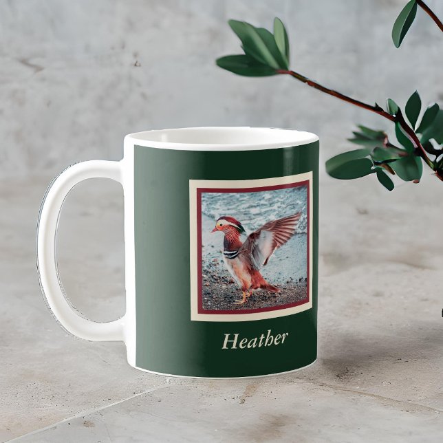 Mandarin Duck on Green and Rust with Name Coffee Mug (Creator Uploaded)
