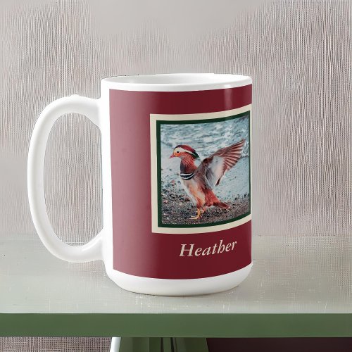 Mandarin Duck on Rust and Green with Name Coffee Mug