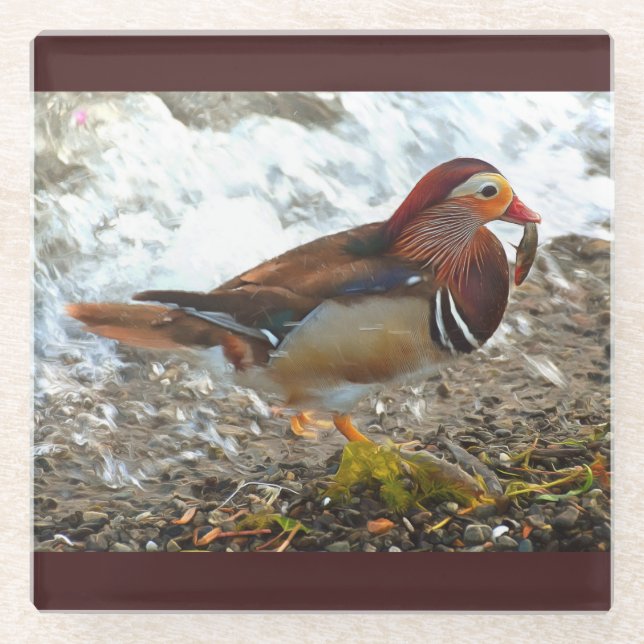 Mandarin Duck with Fish at the Lake Glass Coaster (Front)