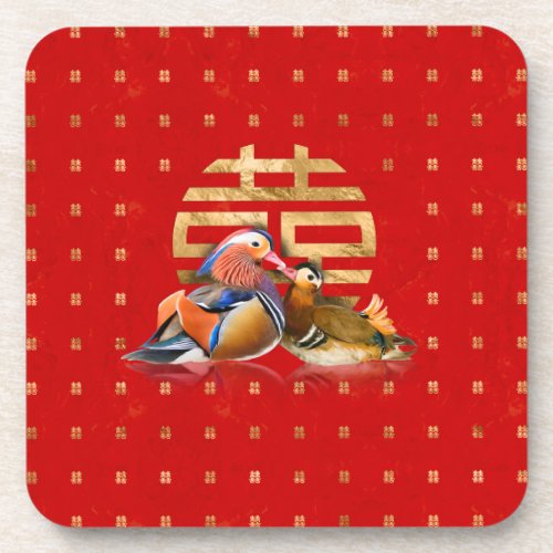 Mandarin Ducks and Double Happiness on red Beverage Coaster