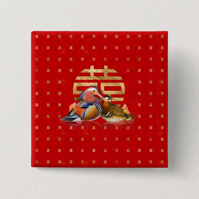 Mandarin Ducks and Double Happiness on red Button (Front)