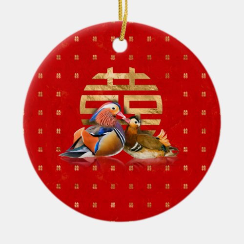 Mandarin Ducks and Double Happiness on red Ceramic Ornament
