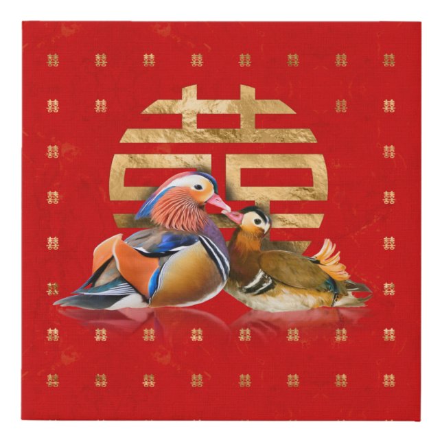 Mandarin Ducks and Double Happiness on red Faux Canvas Print (Front)