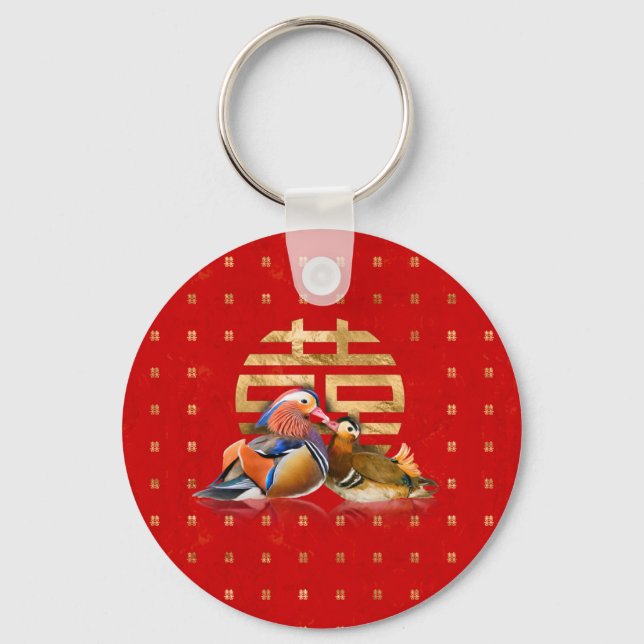 Mandarin Ducks and Double Happiness on red Keychain (Front)