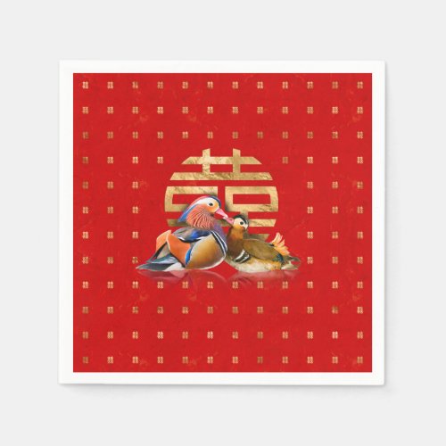 Mandarin Ducks and Double Happiness on red Napkins