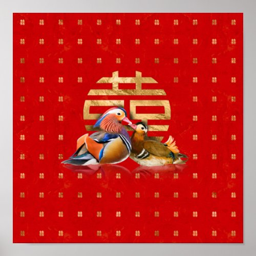 Mandarin Ducks and Double Happiness on red Poster