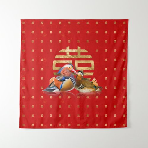 Mandarin Ducks and Double Happiness on red Tapestry