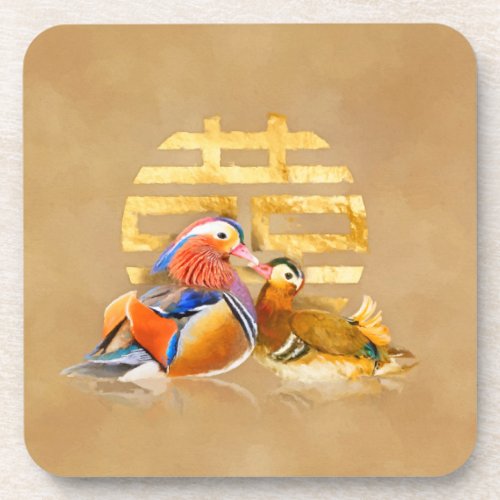 Mandarin Ducks and Double Happiness Symbol Beverage Coaster