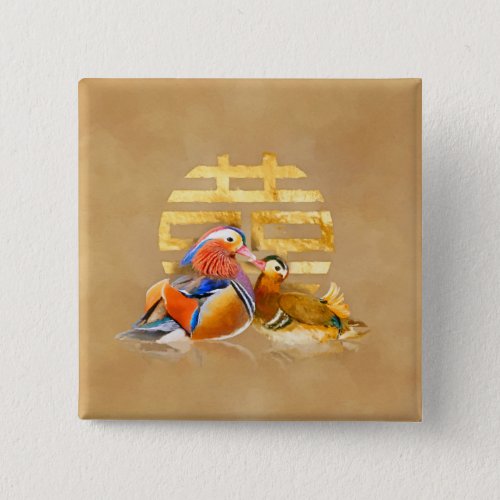 Mandarin Ducks and Double Happiness Symbol Button