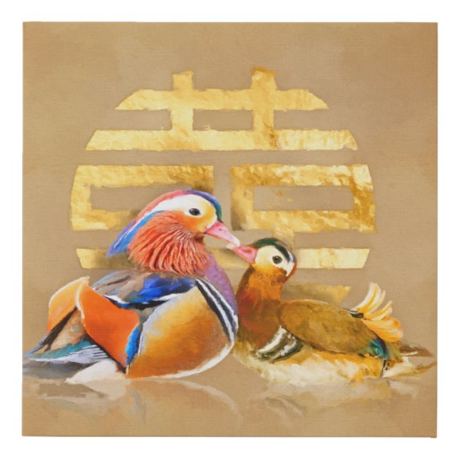 Mandarin Ducks and Double Happiness Symbol Faux Canvas Print (Front)