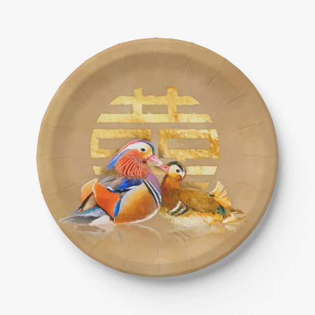 Mandarin Ducks and Double Happiness Symbol Paper Plates (Front)
