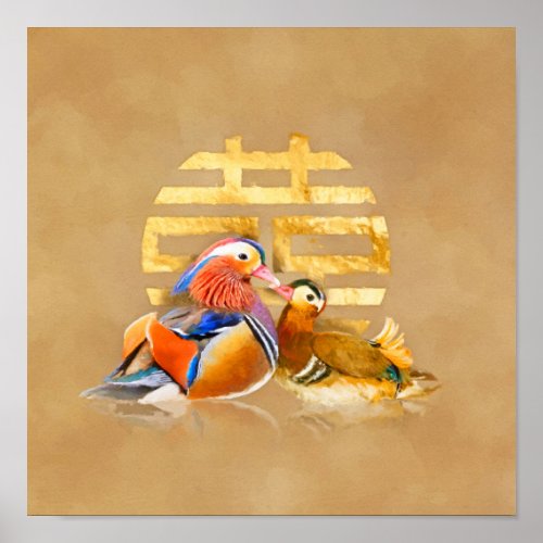 Mandarin Ducks and Double Happiness Symbol Poster