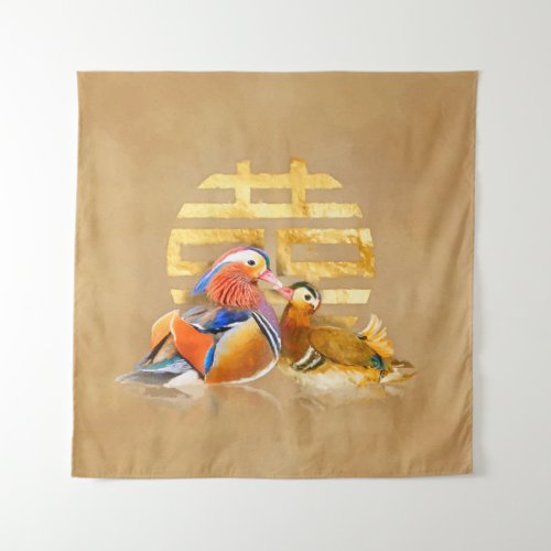 Mandarin Ducks and Double Happiness Symbol Tapestry