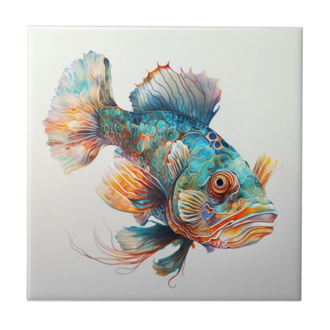 Mandarin Fish, Watercolor, Ceramic Tile (Front)