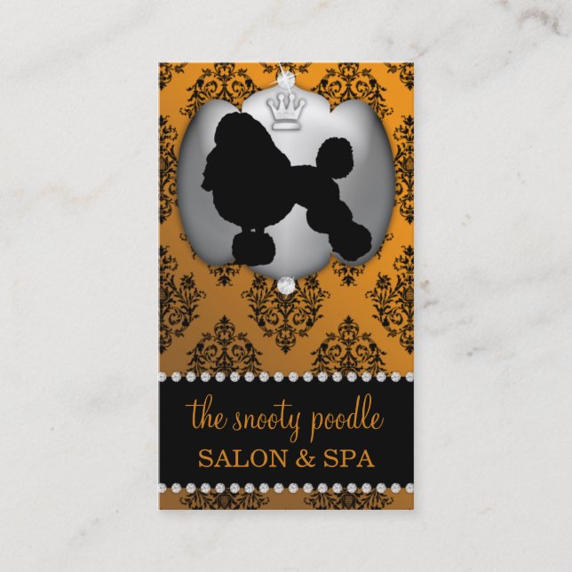 Mandarin Orange Jeweled Damask Dog Grooming/Spa Business Card (Front)