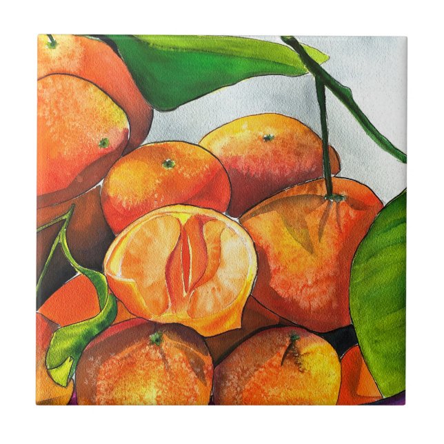 Mandarin orange watercolor fruit art ceramic tile (Front)