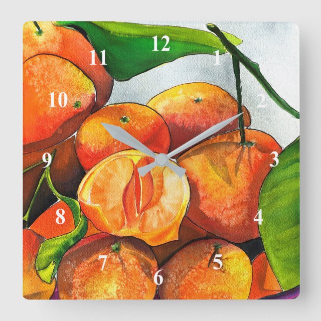 Mandarin orange watercolor fruit art square wall clock (Front)