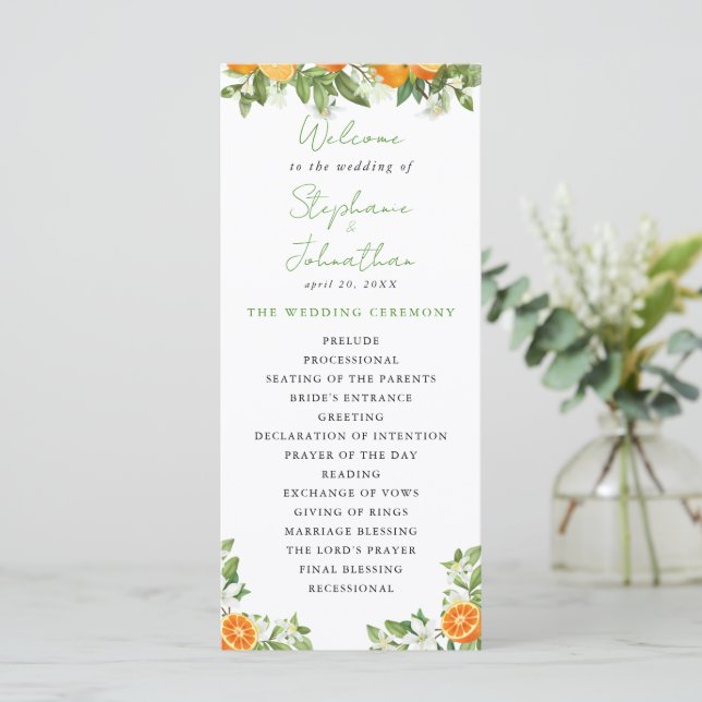 Mandarin Orange Watercolor Wedding Program (Standing Front)