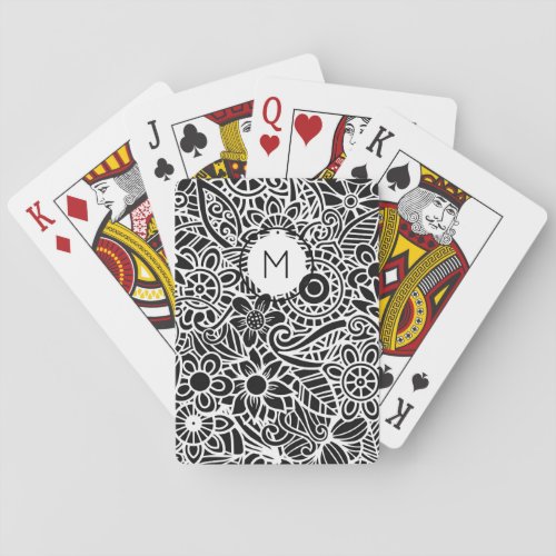 Mandela Floral Monogram Initial Black White  Playing Cards