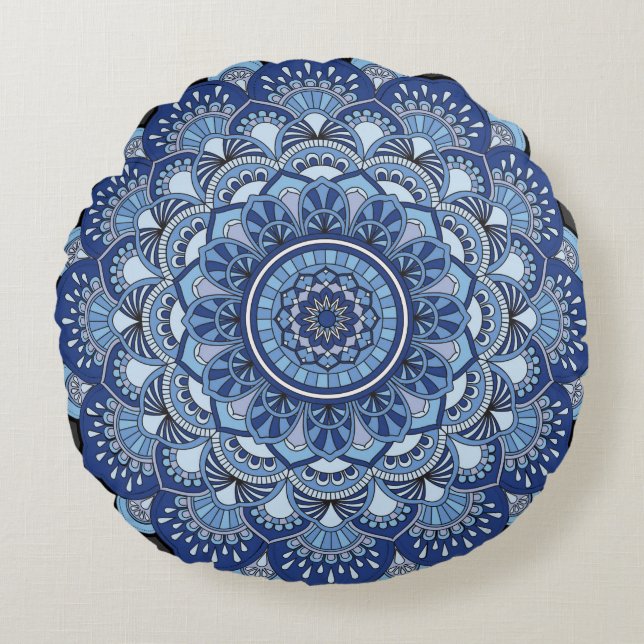 Mandela Flower Blue Round Pillow (Front)