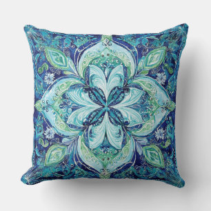 Mandela Navy Blue Emerald Green Bohemian Pattern Throw Pillow