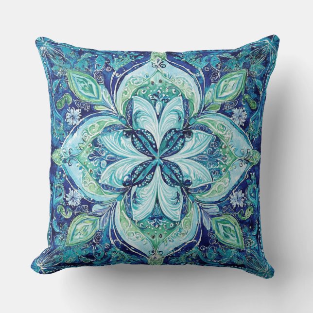 Mandela Navy Blue Emerald Green Bohemian Pattern  Throw Pillow (Front)