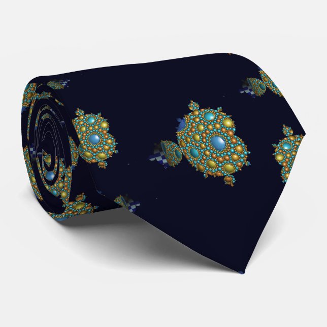  Mandelbrot Fractal Apollonian Sphere Blue Gold Neck Tie (Rolled)