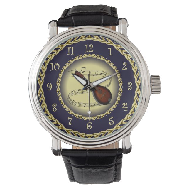 Mandolin 01 ~ Musical Scroll ~ Gold/Navy Blue ~  Watch (Front)